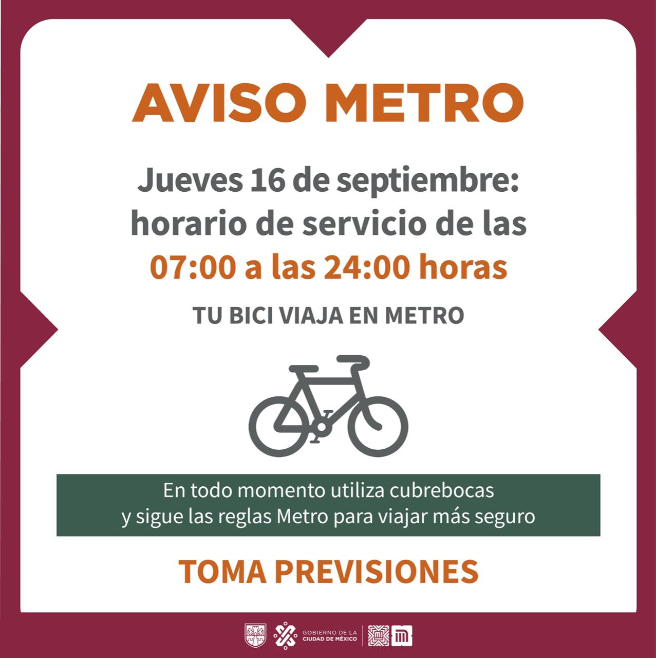Tarjeta Informativa Horario del día festivo 16 de Septiembre